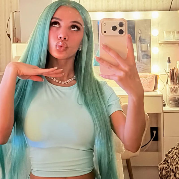 SZC Aqua Teal Blue Green 13x4 Lace Front Human Hair Wig 200 Density