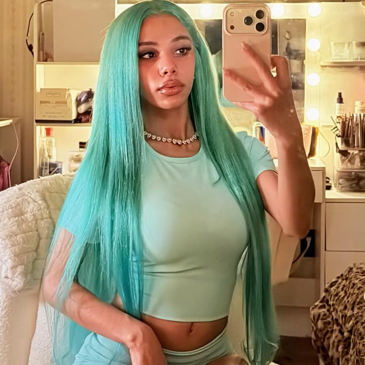 SZC Aqua Teal Blue Green 13x4 Lace Front Human Hair Wig 200 Density