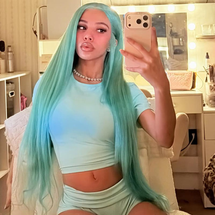 SZC Aqua Teal Blue Green 13x4 Lace Front Human Hair Wig 200 Density