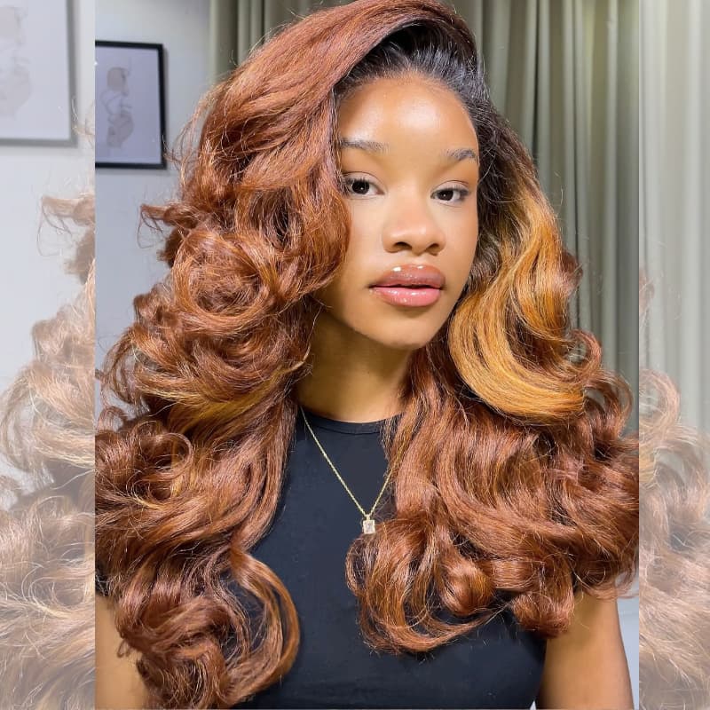 SZC Auburn Copper Brown Voluminous Loose Body Wave Honey Caramel Highlights 13x4 Lace Front Human Hair Wigs