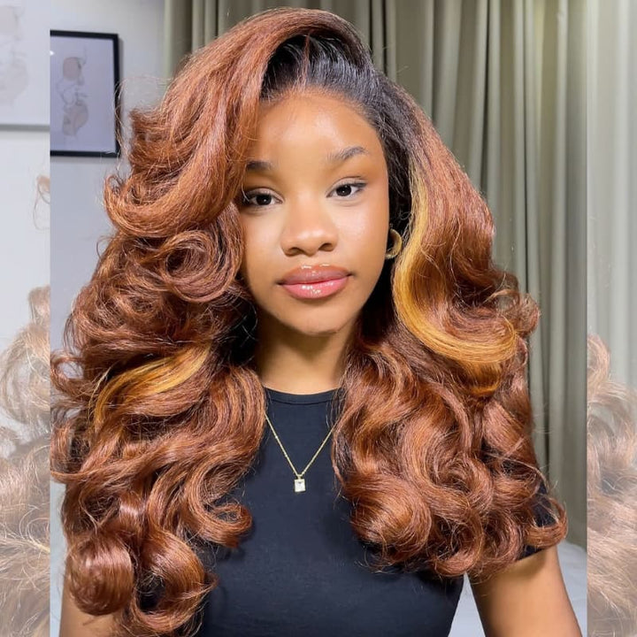 SZC Auburn Copper Brown Voluminous Loose Body Wave Honey Caramel Highlights 13x4 Lace Front Human Hair Wigs