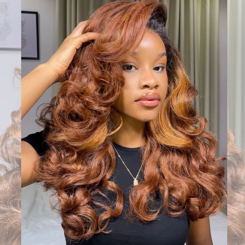 SZC Auburn Copper Brown Voluminous Loose Body Wave Honey Caramel Highlights 13x4 Lace Front Human Hair Wigs