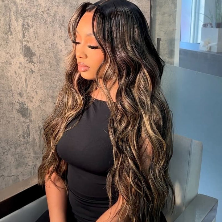 SZC Balayage Brown Highlights Beach Body Wave 13x4 Lace Front Human Hair Wigs
