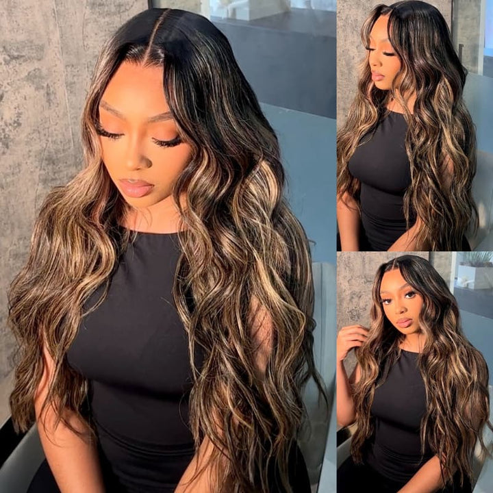 SZC Balayage Brown Highlights Beach Body Wave 13x4 Lace Front Human Hair Wigs