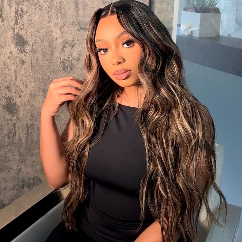 SZC Balayage Brown Highlights Beach Body Wave 13x4 Lace Front Human Hair Wigs