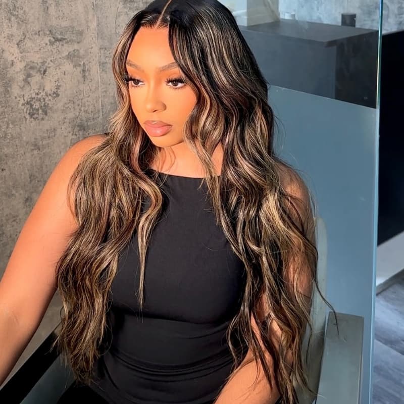 SZC Balayage Brown Highlights Beach Body Wave 13x4 Lace Front Human Hair Wigs