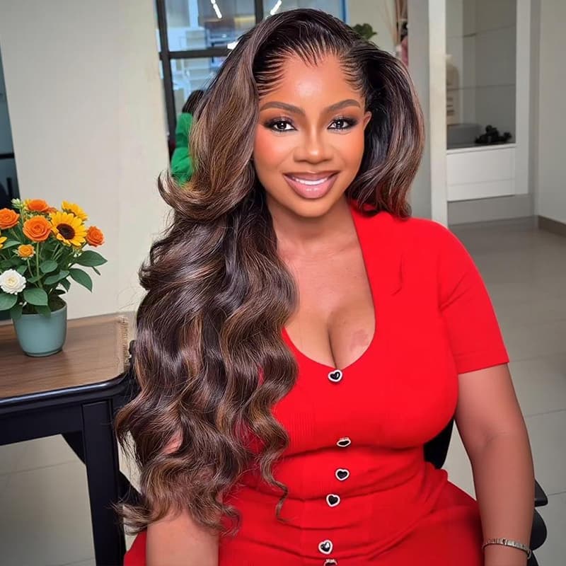 SZC Balayage Brown Highlights Body Wave 13x4 Lace Front Human Hair Wigs 300 Density