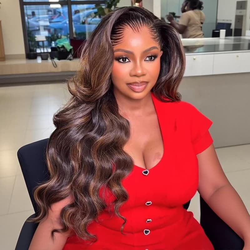 SZC Balayage Brown Highlights Body Wave 13x4 Lace Front Human Hair Wigs 300 Density
