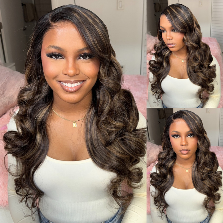 SZC Balayage Brown Honey Blonde Highlights 13x4 Lace Front Virgin Human Hair Wigs