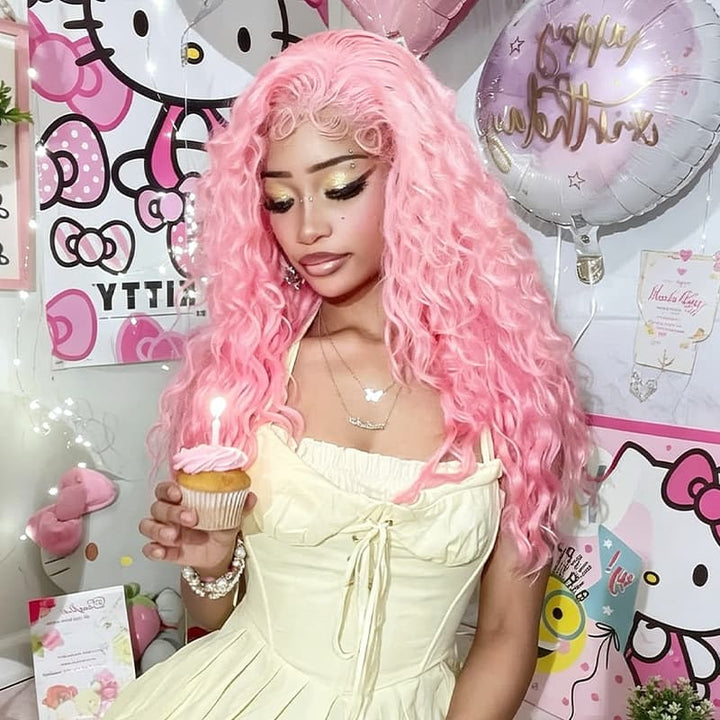 SZC Birthday Pastel Cotton Candy Pink 13x4 Lace Front Human Hair Wigs