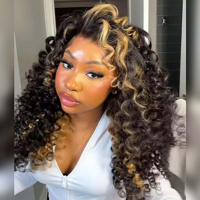 SZC Black Caramel Blonde Highlights Bouncy Deep Curly 300 Density 13x4 Lace Front Human Hair Wigs