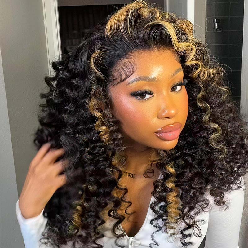 SZC Black Caramel Blonde Highlights Bouncy Deep Curly 300 Density 13x4 Lace Front Human Hair Wigs