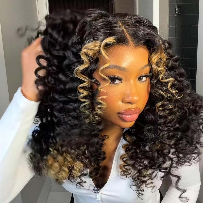 SZC Black Caramel Blonde Highlights Bouncy Deep Curly 300 Density 13x4 Lace Front Human Hair Wigs