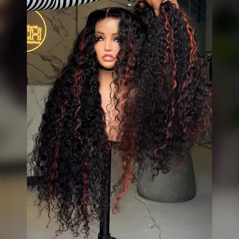 SZC Black Cherry Red Highlights Deep Curly Wave 300 Density 13x4 Lace Front Human Hair Wigs