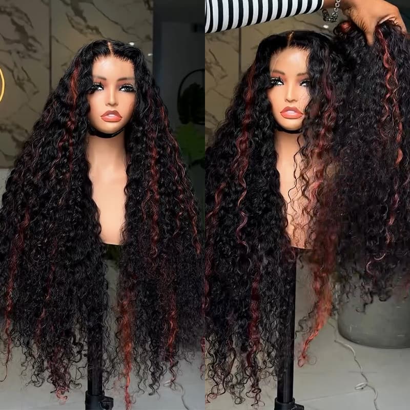 SZC Black Cherry Red Highlights Deep Curly Wave 300 Density 13x4 Lace Front Human Hair Wigs