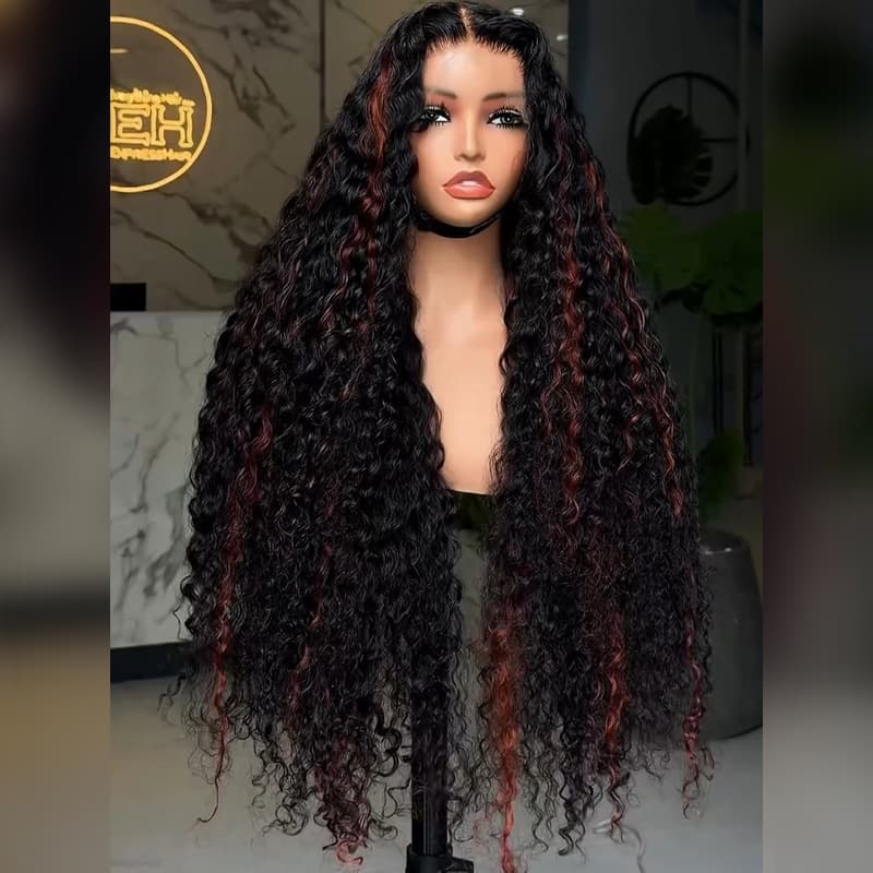 SZC Black Cherry Red Highlights Deep Curly Wave 300 Density 13x4 Lace Front Human Hair Wigs