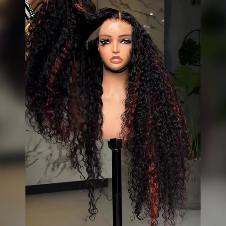 SZC Black Cherry Red Highlights Deep Curly Wave 300 Density 13x4 Lace Front Human Hair Wigs