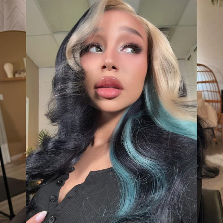 SZC Black Platinum Blonde Split Teal Aqua Blue Money Piece Highlights 13x4 Lace Front Human Hair Wig