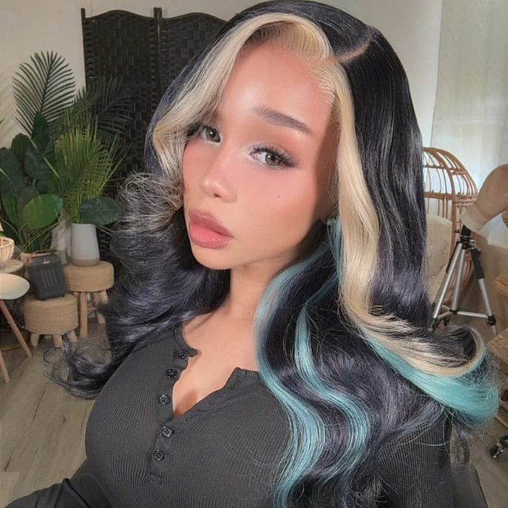 SZC Black Platinum Blonde Split Teal Aqua Blue Money Piece Highlights 13x4 Lace Front Human Hair Wig