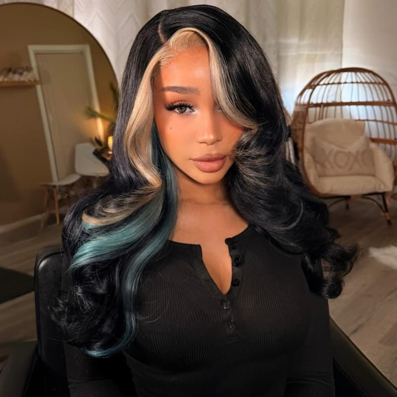 SZC Black Platinum Blonde Split Teal Aqua Blue Money Piece Highlights 13x4 Lace Front Human Hair Wig