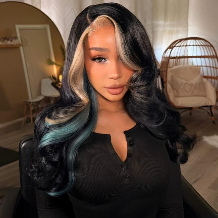 SZC Black Platinum Blonde Split Teal Aqua Blue Money Piece Highlights 13x4 Lace Front Human Hair Wig
