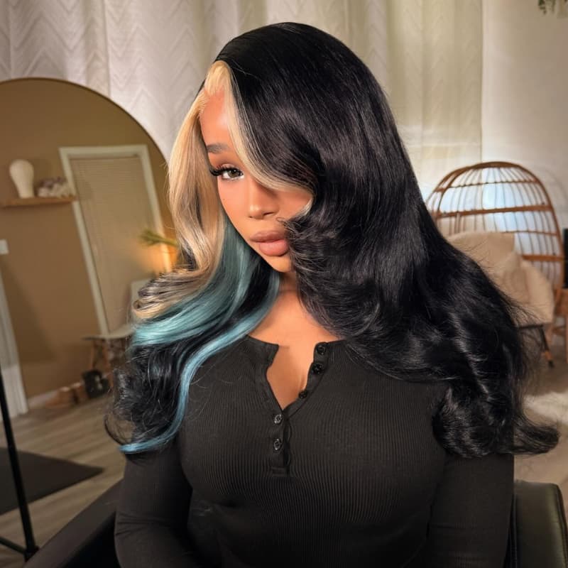 SZC Black Platinum Blonde Split Teal Aqua Blue Money Piece Highlights 13x4 Lace Front Human Hair Wig