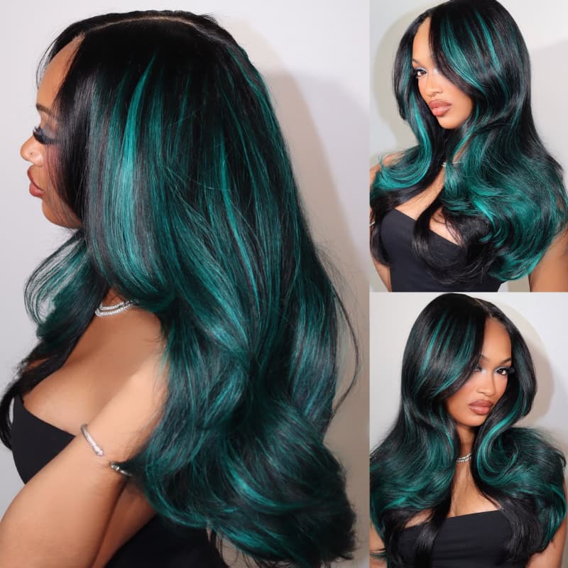 SZC Black Teal Green Highlight 13x4 Lace Front Human Hair Wig 200 Density