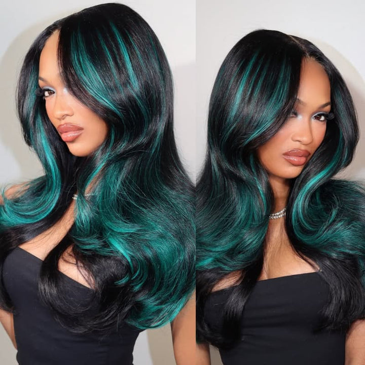 SZC Black Teal Green Highlight 13x4 Lace Front Human Hair Wig 200 Density