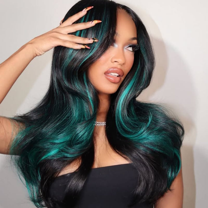 SZC Black Teal Green Highlight 13x4 Lace Front Human Hair Wig 200 Density