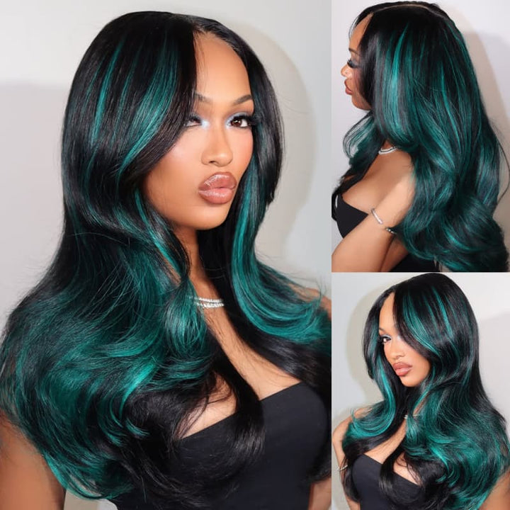 SZC Black Teal Green Highlight 13x4 Lace Front Human Hair Wig 200 Density