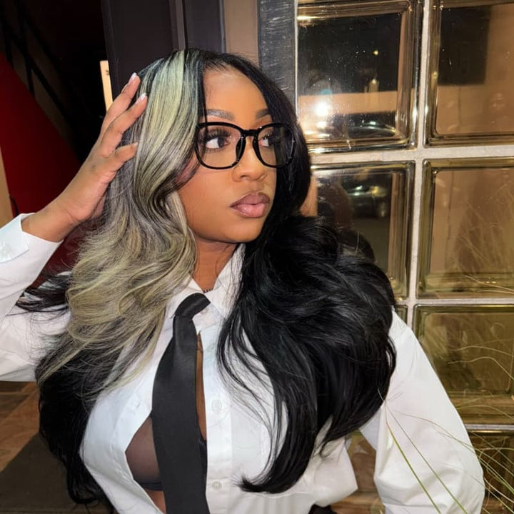 SZC Black With Blonde Highlights Student Affordable Back to School Graduation College Girl 13x4 Lace Front Human Hair Wigs