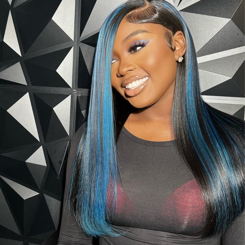 SZC Black With Blue Bone Straight Highlights 13x4 Lace Front Human Hair Wigs 200 Density