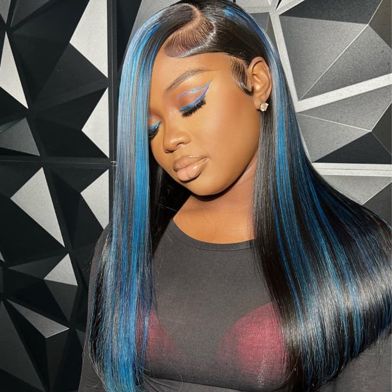 SZC Black With Blue Bone Straight Highlights 13x4 Lace Front Human Hair Wigs 200 Density