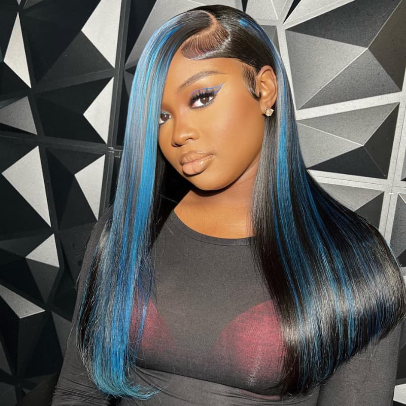 SZC Black With Blue Bone Straight Highlights 13x4 Lace Front Human Hair Wigs 200 Density