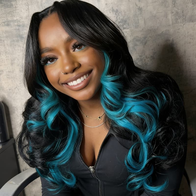 SZC Black With Blue Highlight Streaks 13x4 Lace Front Human Hair Wigs 200 Density