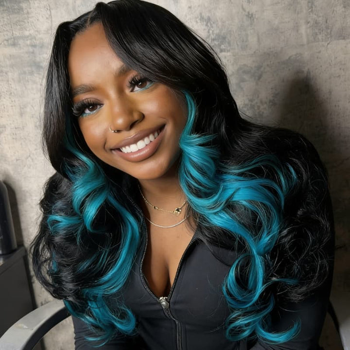 SZC Black With Blue Highlight Streaks 13x4 Lace Front Human Hair Wigs 200 Density