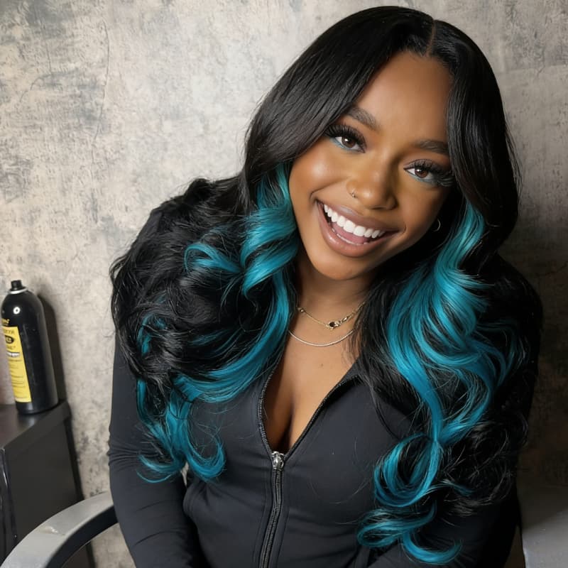 SZC Black With Blue Highlight Streaks 13x4 Lace Front Human Hair Wigs 200 Density