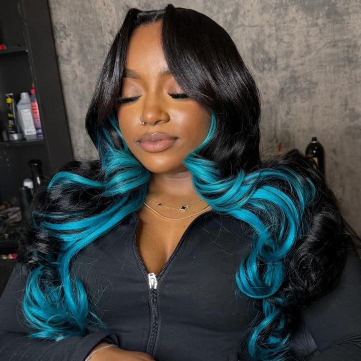 SZC Black With Blue Highlight Streaks 13x4 Lace Front Human Hair Wigs 200 Density