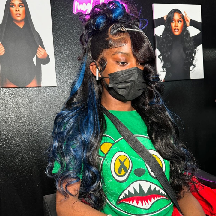 SZC Black With Blue Highlights 13x4 Lace Front Virgin Remy Human Hair Wigs 200 Density