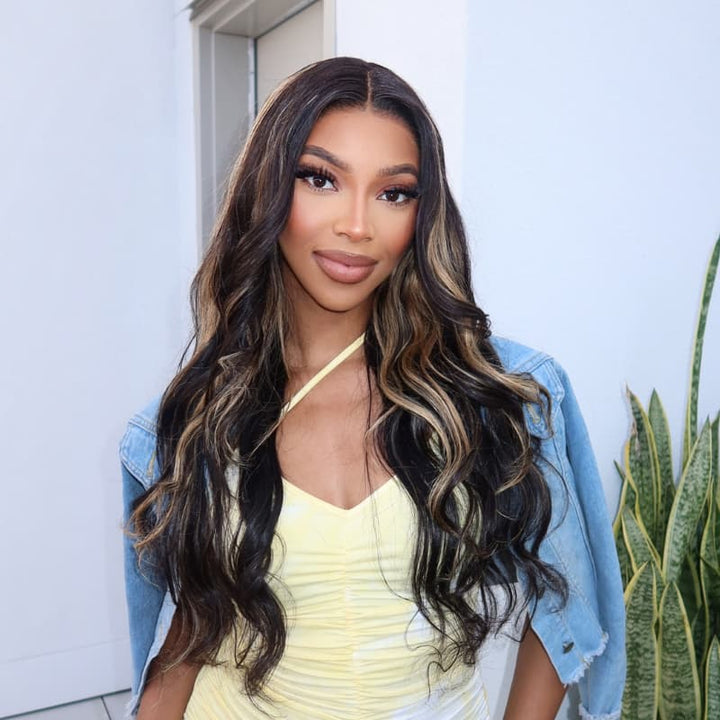SZC Black With Brown Highlights Luxury Summer Beach Vacations 13x4 Lace Front Human Hair Wig