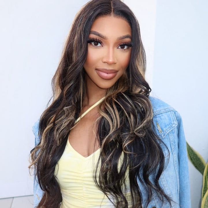 SZC Black With Brown Highlights Luxury Summer Beach Vacations 13x4 Lace Front Human Hair Wig