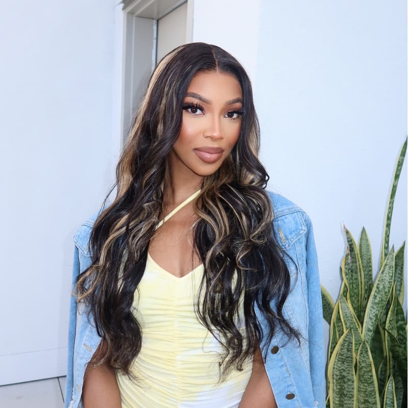 SZC Black With Brown Highlights Luxury Summer Beach Vacations 13x4 Lace Front Human Hair Wig