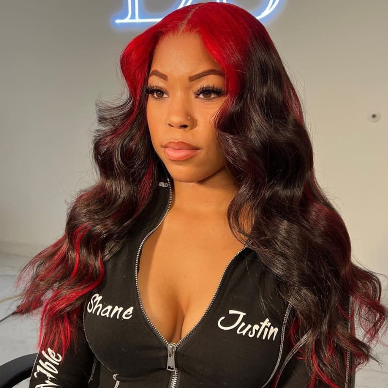SZC Black With Cherry Red Highlights Roots 13x4 Lace Front Human Hair Wigs 200 Density