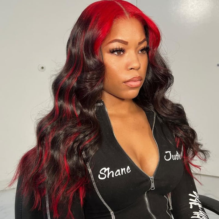 SZC Black With Cherry Red Highlights Roots 13x4 Lace Front Human Hair Wigs 200 Density