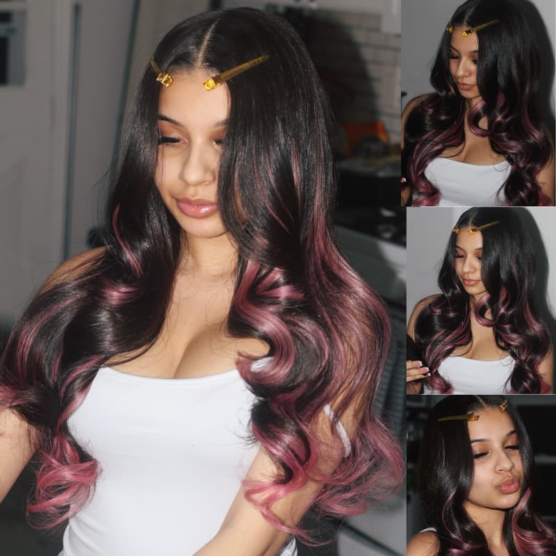 SZC Black With Dusty Rose Pink Streaks 13x4 Lace Front Virgin Human Hair Wig
