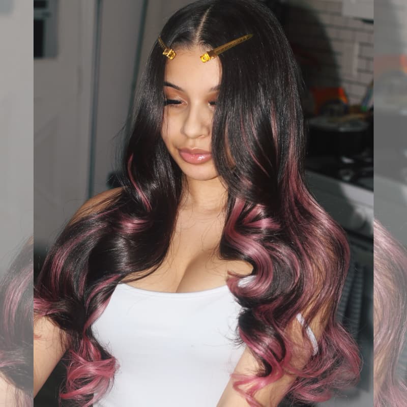 SZC Black With Dusty Rose Pink Streaks 13x4 Lace Front Virgin Human Hair Wig