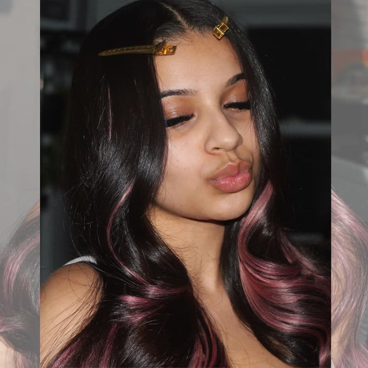SZC Black With Dusty Rose Pink Streaks 13x4 Lace Front Virgin Human Hair Wig