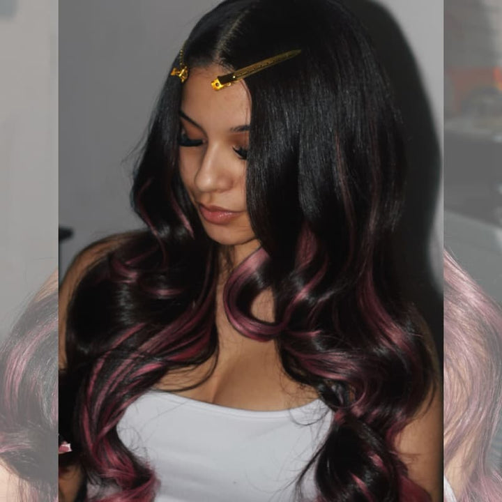 SZC Black With Dusty Rose Pink Streaks 13x4 Lace Front Virgin Human Hair Wig