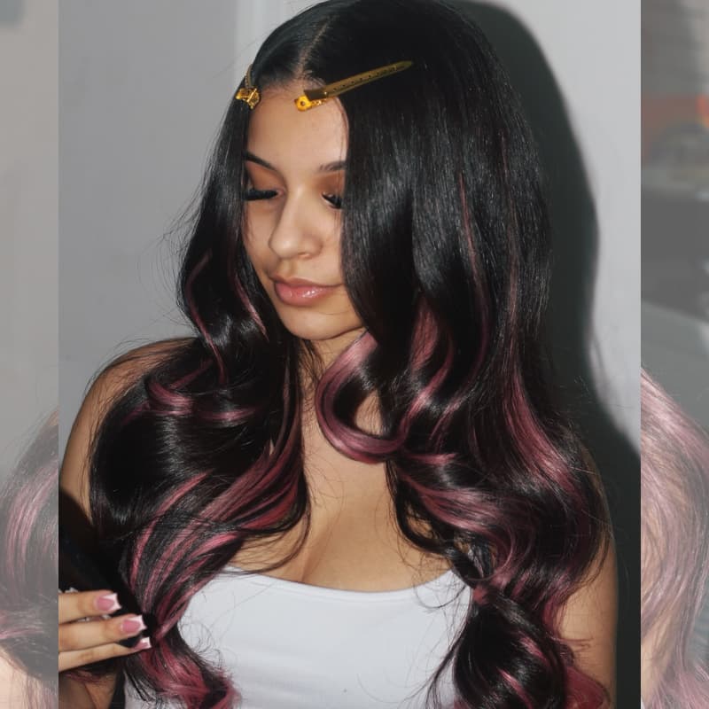 SZC Black With Dusty Rose Pink Streaks 13x4 Lace Front Virgin Human Hair Wig