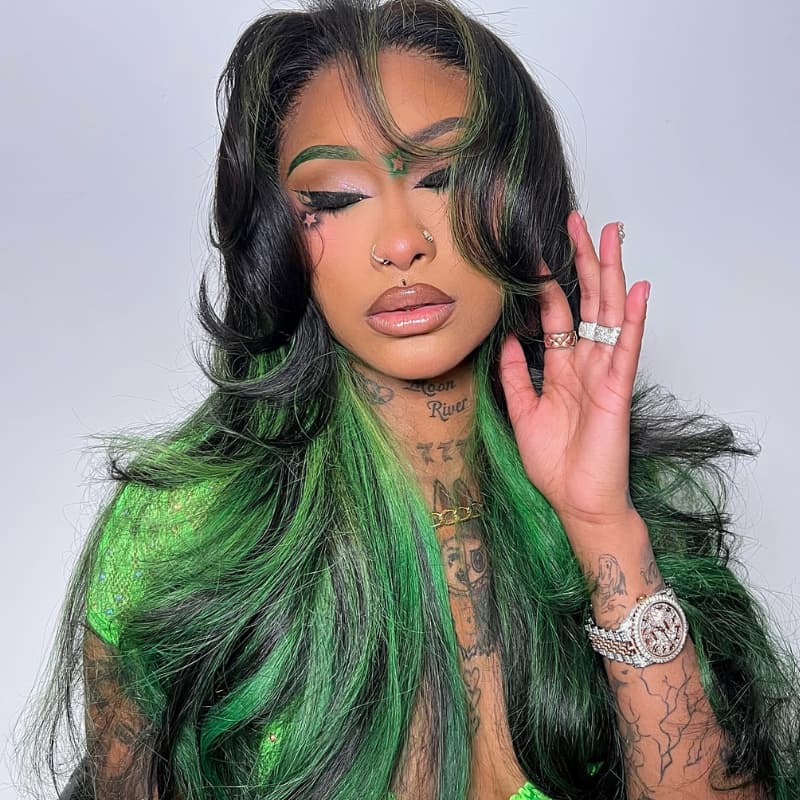 SZC Black With Emerald Green Highlights Face-Framing  Luxury Layered Blowout 13x4 Lace Front Human Hair Wigs